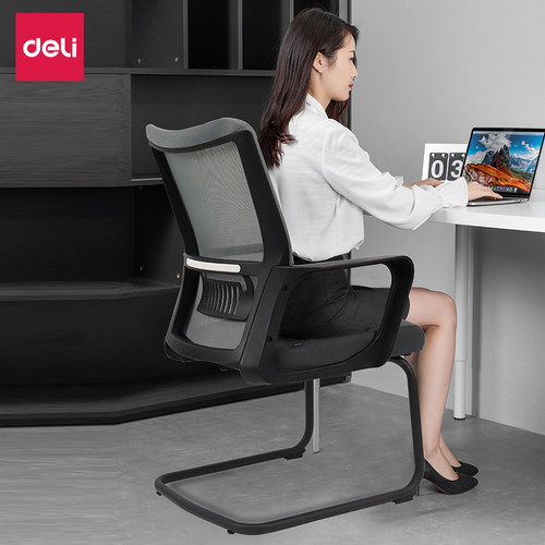 得力91204会客椅一体式防滑脚架高密度海绵办公椅弓架款网布椅子