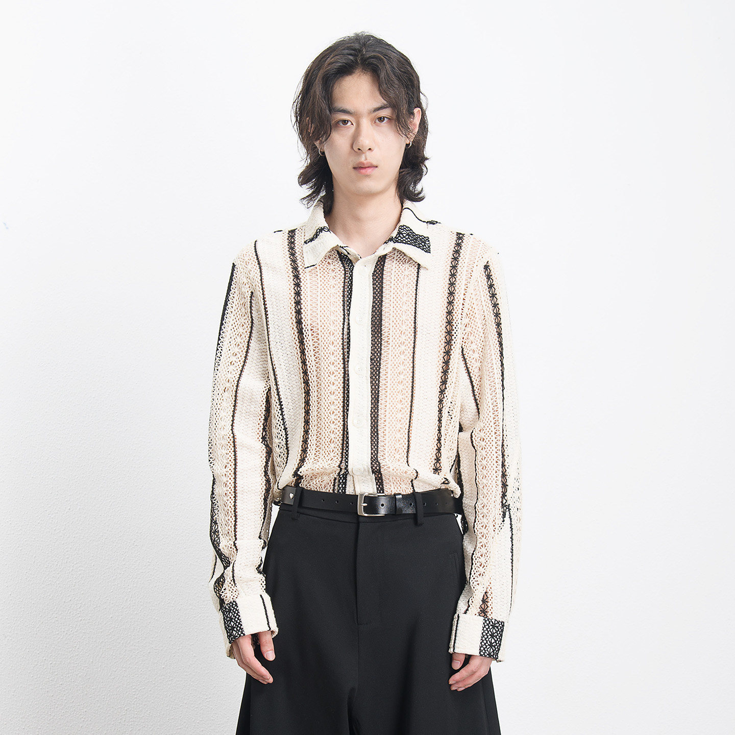 波西米亚镂空条纹长袖衬衫外套