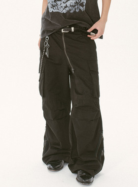 KetchupVintage（闭店清仓中）斜拉链弯刀阔腿工装裤伞兵裤黑色男