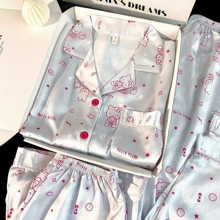 新款冰丝2026年网红睡衣三件套女薄款夏季短袖银粉kt凯蒂猫家居服