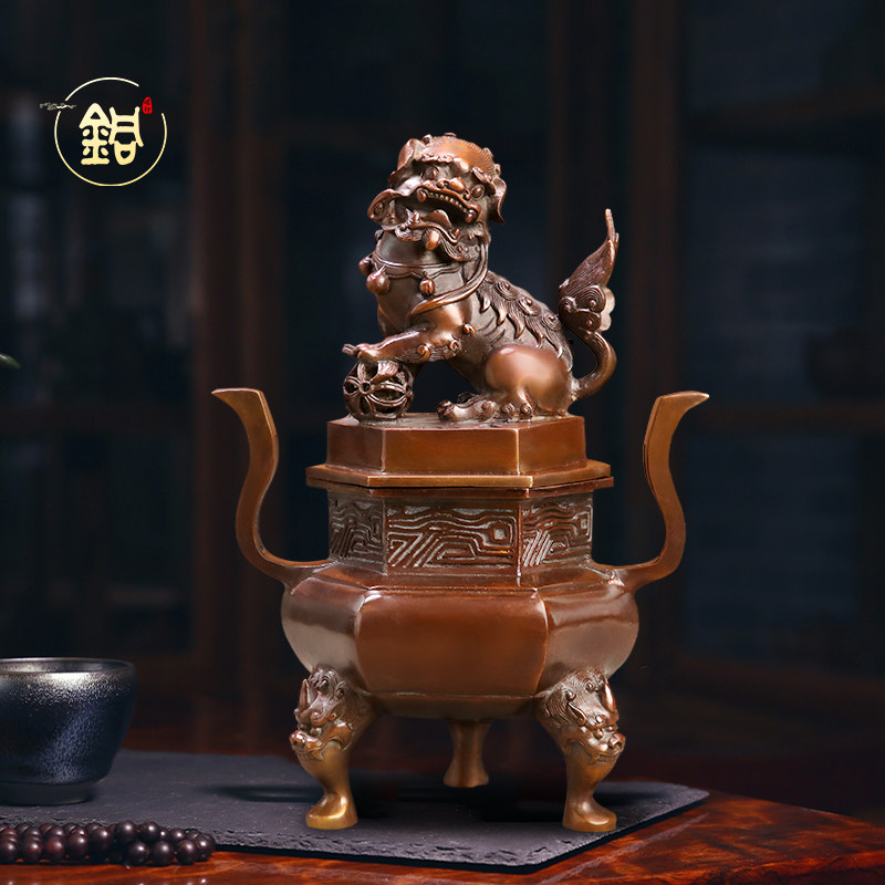 铜香炉家用室内狮子熏炉摆件朝冠耳焚香炉线香盘香炉摆放上香