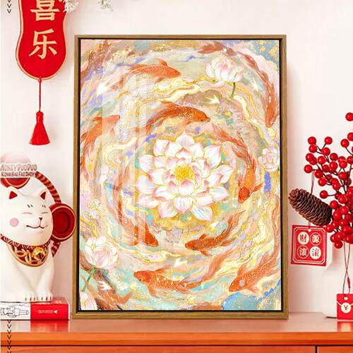 九鱼呈祥钻石画5d满钻2025新款风景手工diy粘贴砖带框客厅装饰画