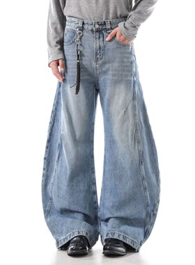 【GD系列】春秋美式水洗褶皱高街弯刀裤子百搭阔腿牛仔裤903-207