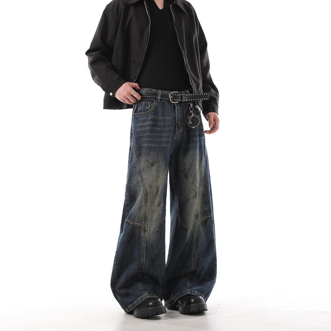 【GD系列】春秋美式潮款结构拼接脏脏裤百搭高街弯刀牛仔裤PC-045