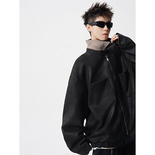 阿叔春秋美式复古做旧皮衣百搭宽松高街格子翻领夹克外套AG-922