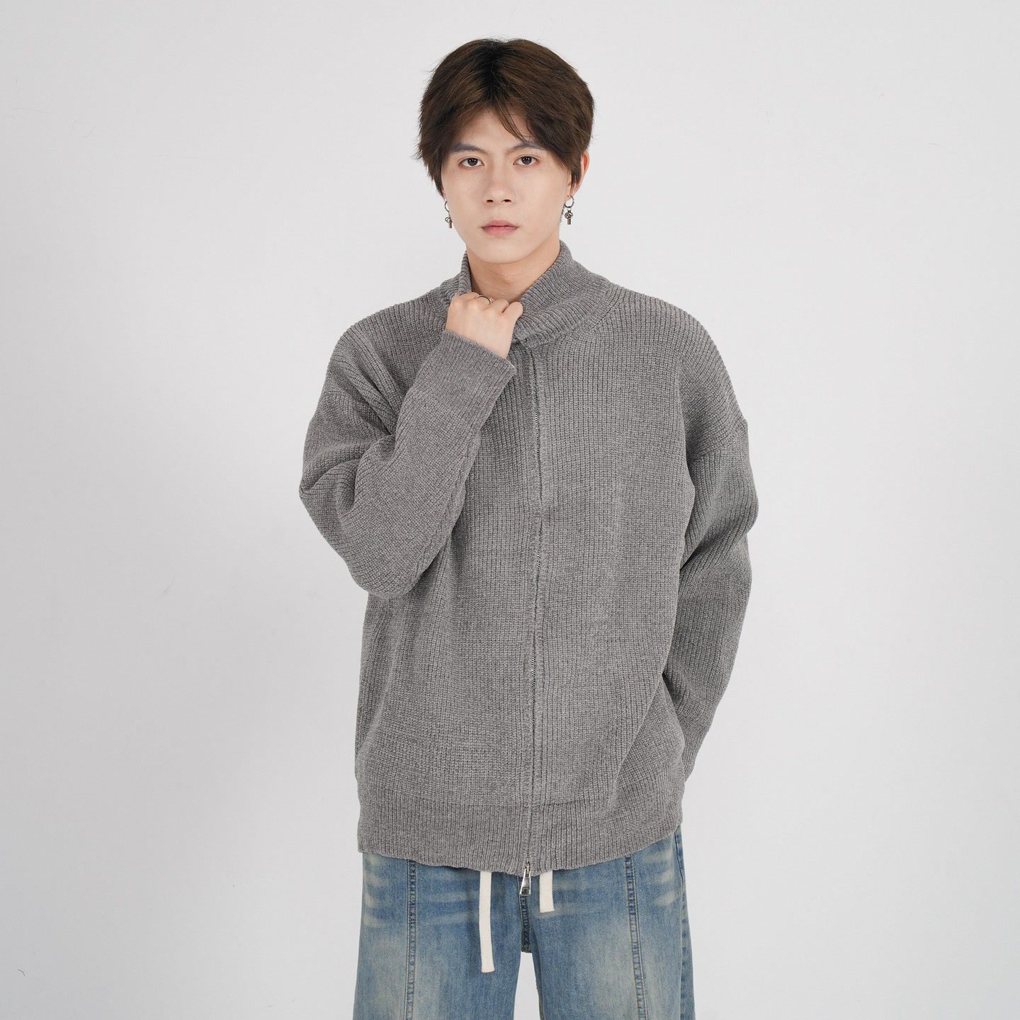 阿叔秋冬简约纯色立领针织衫百搭休闲宽松开衫毛衣GK-3062