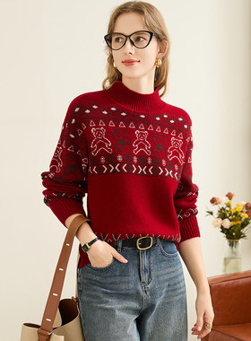 加厚纯羊毛兔皇2025秋冬圣诞节新年半高领红色毛衣保暖女羊毛衫