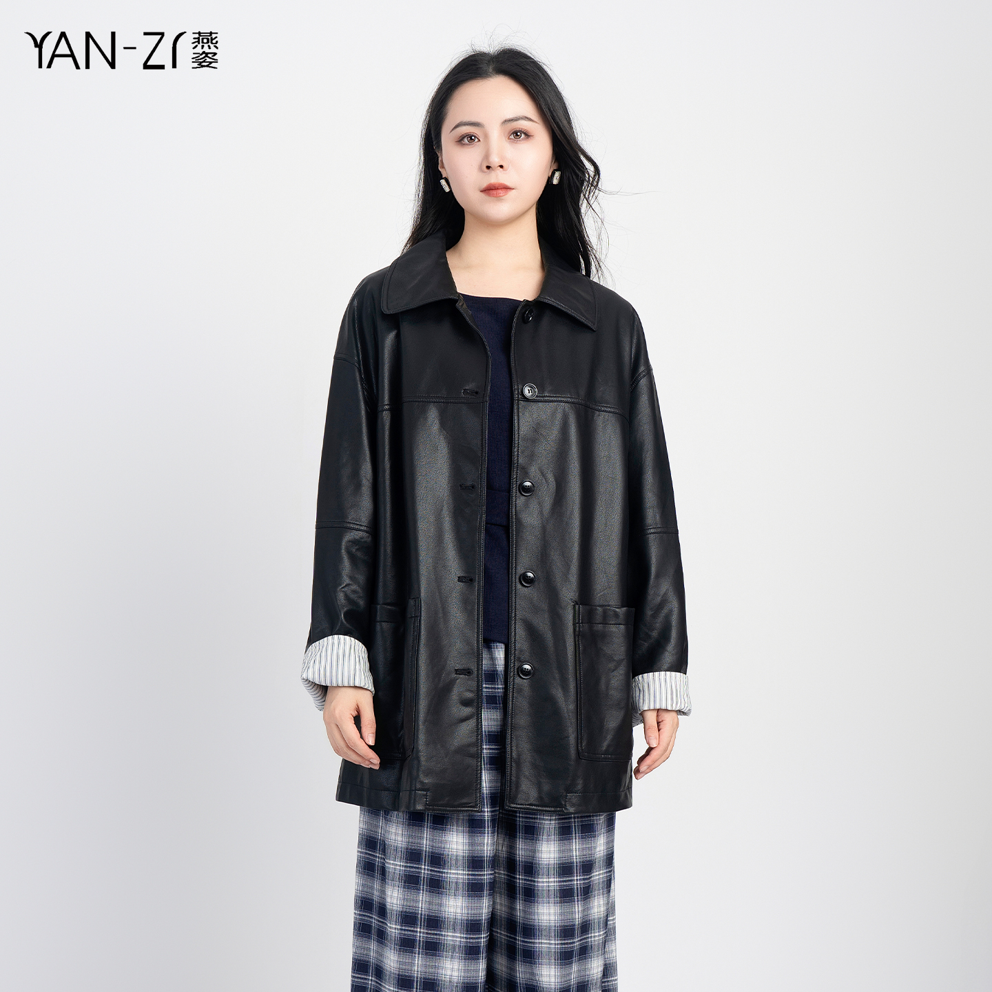 休闲翻领宽松大口袋百搭皮衣外套