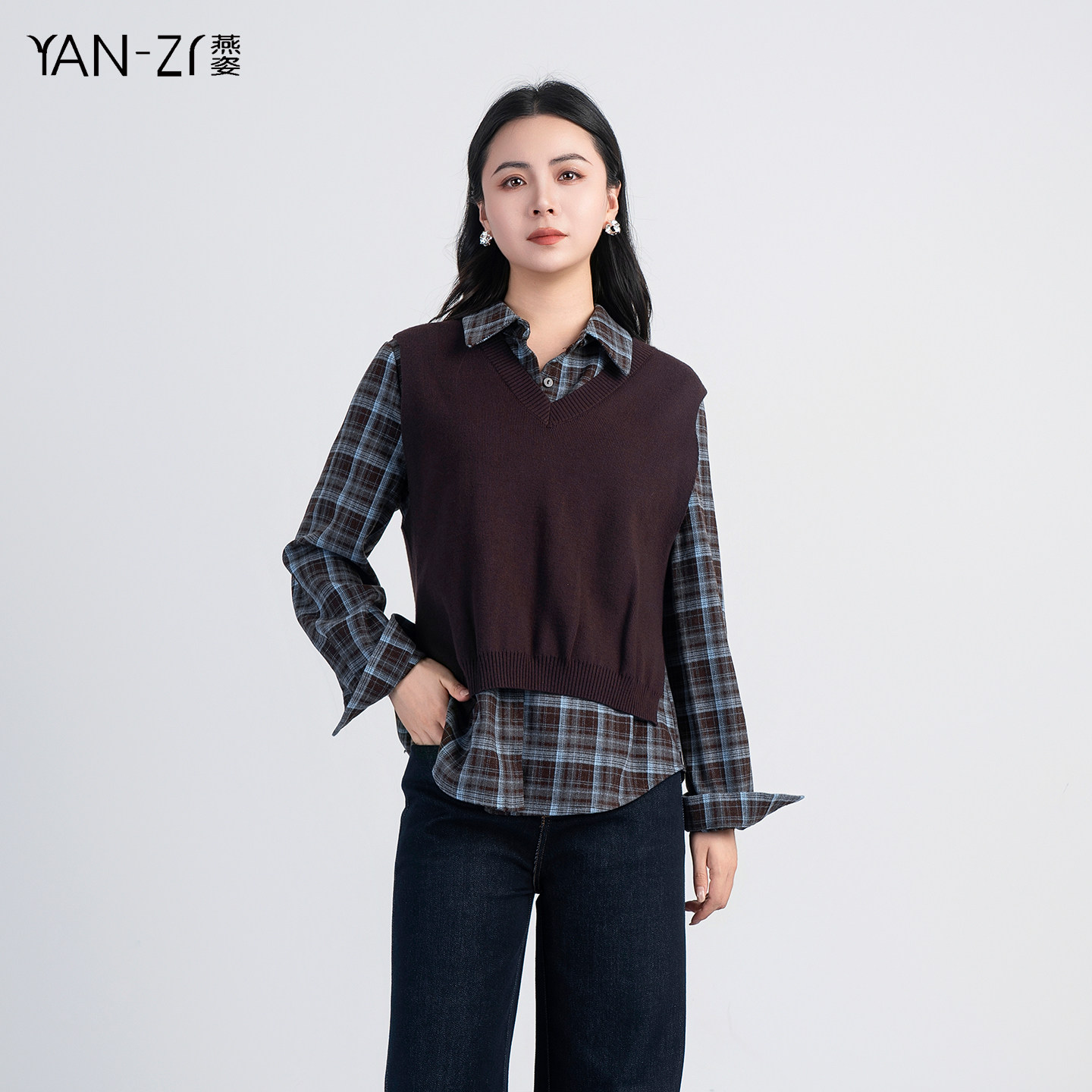燕姿学院风格子衬衫马甲两件套女
