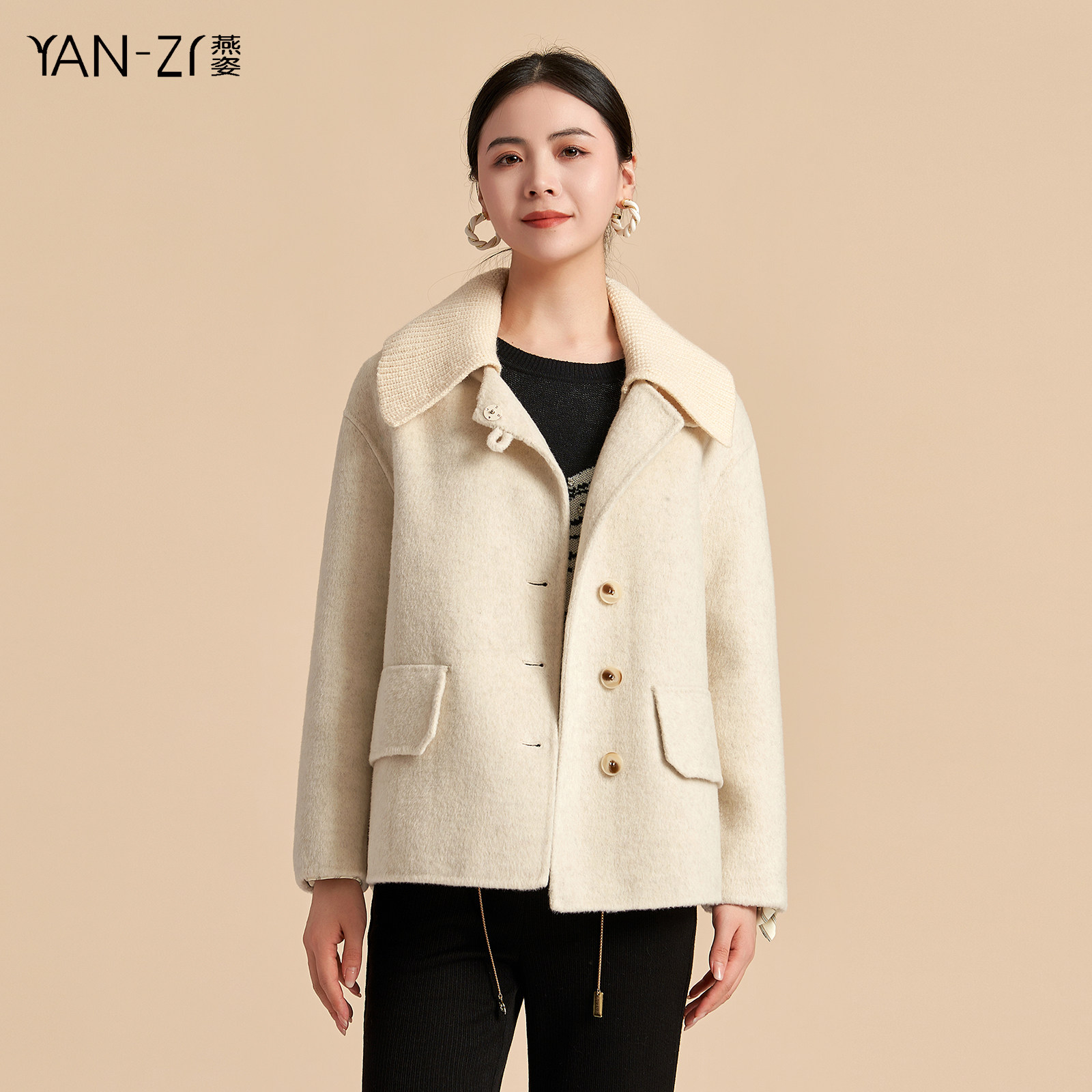 燕姿服饰春季新款气质针织翻领羊毛双面呢短款大衣外套女商场同款