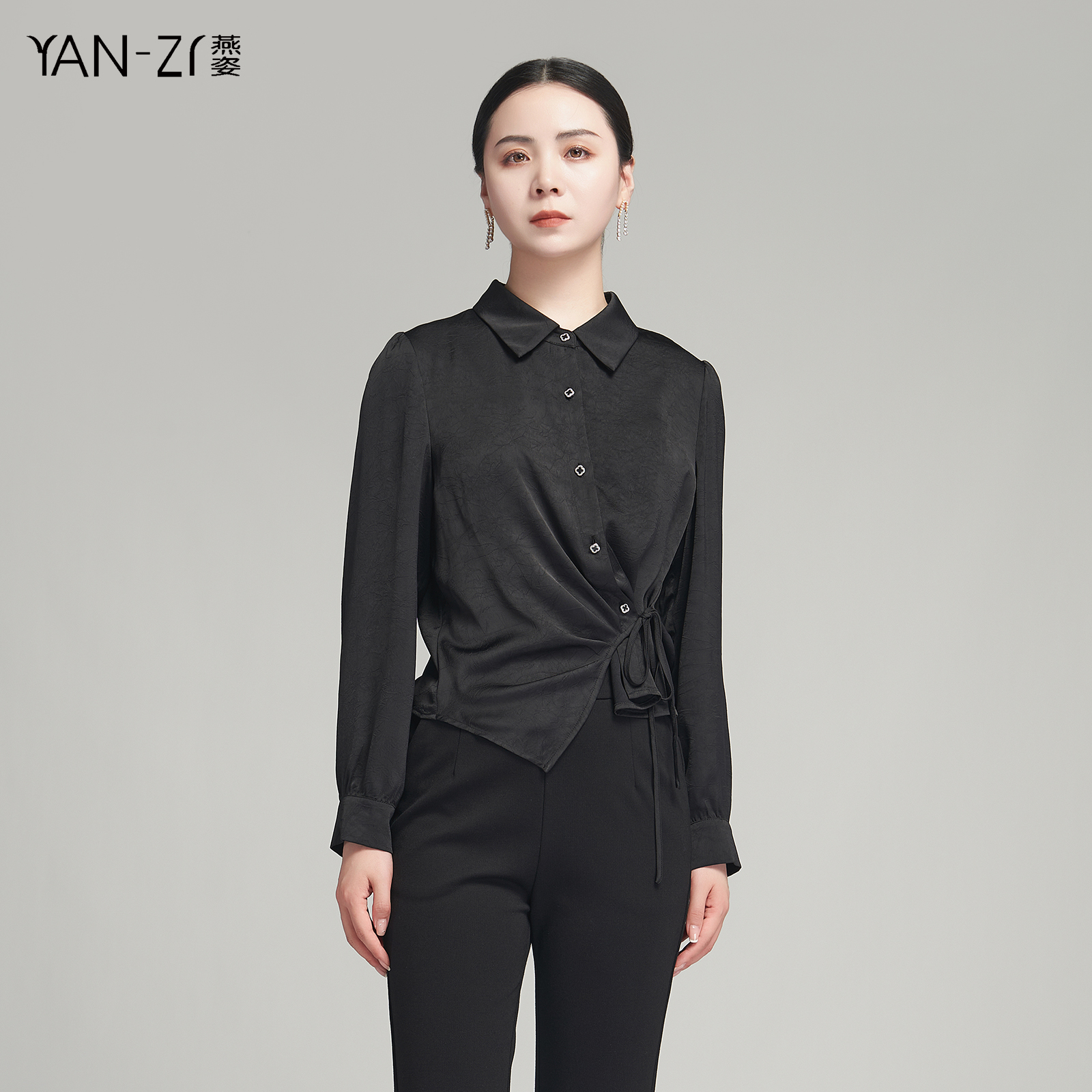 翻领系带不规则设计感缎面衬衫