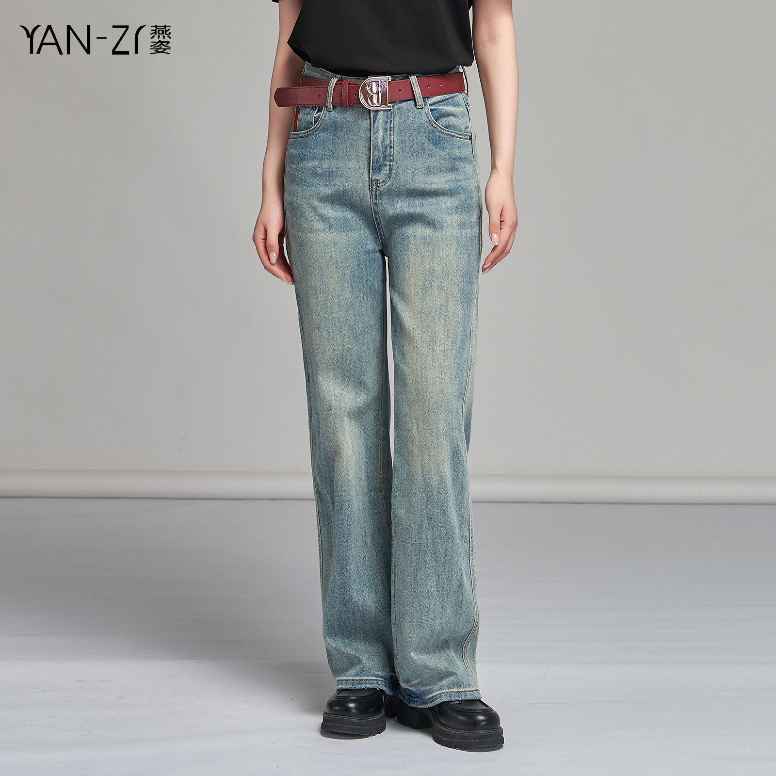 香舍黎2024夏季新款百搭高腰撞色字母腰带直筒显瘦牛仔裤商场同款,女装/女士精品,牛仔裤,淘宝优惠券,粉丝福利购,淘宝优惠卷