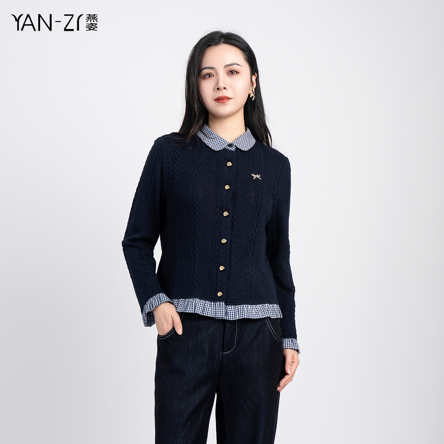 拼接假两件长袖花边针织开衫