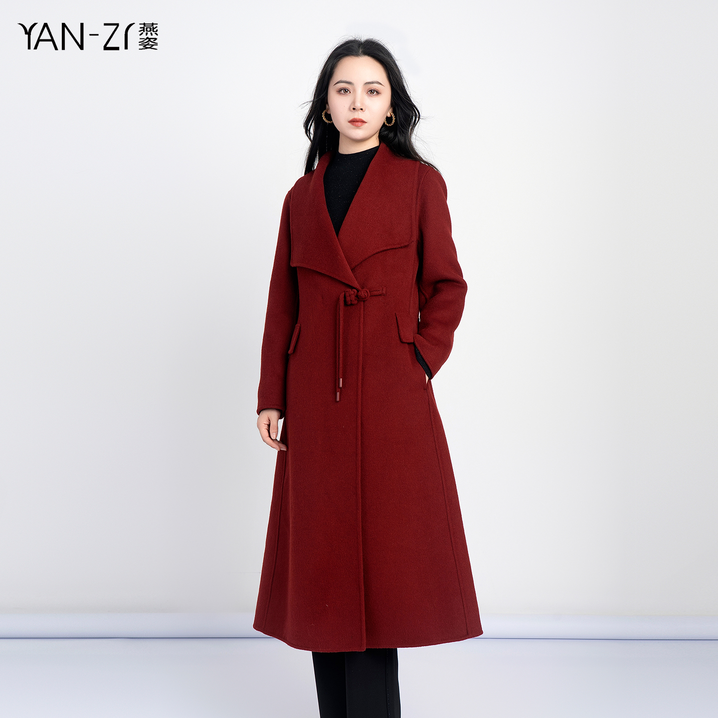 大翻领盘扣流苏中长款双面呢大衣