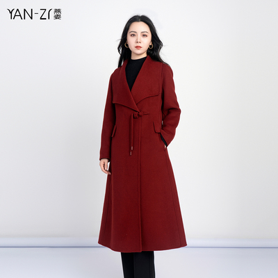 大翻领盘扣流苏中长款双面呢大衣