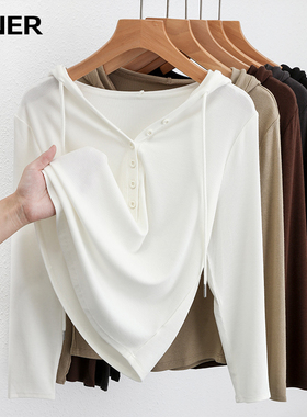 白色连帽长袖t恤女2025春季新款内搭打底衫百搭显瘦帽衫小众上衣