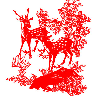 中国风蔚县彩色手工剪纸窗花 春节年画非遗工艺人物深林小鹿剪纸