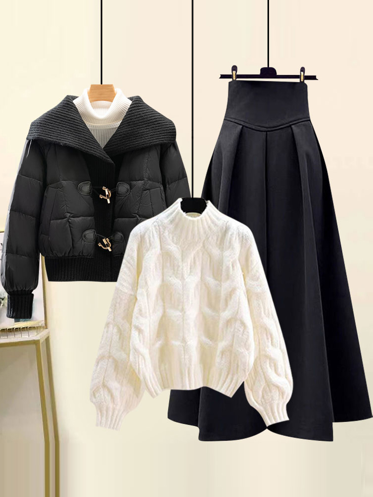 Large Lapel down Cotton Jacket for Women, Winter Plus Size Sweater, Half Skirt, Popular Age-Reducing Fashion Set for Women