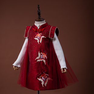 新年红色刺绣金鱼旗袍女童立领网纱拼接公主裙甜美复古连衣裙