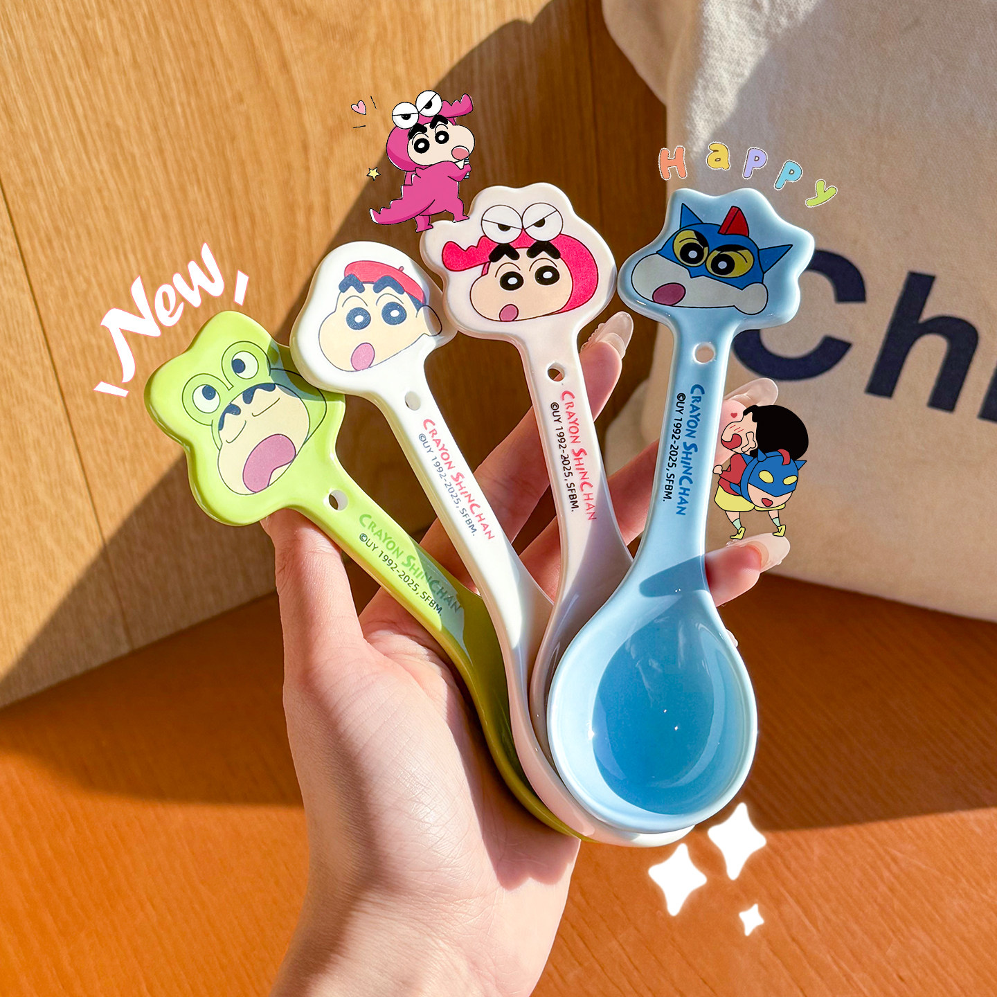 蜡笔小新陶瓷勺子长柄勺家用2025新款卡通汤勺可爱调羹一人一勺