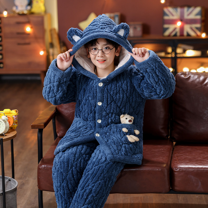 冬季儿童三层夹棉法兰绒睡衣男童女童男孩珊瑚加绒加厚家居服外穿