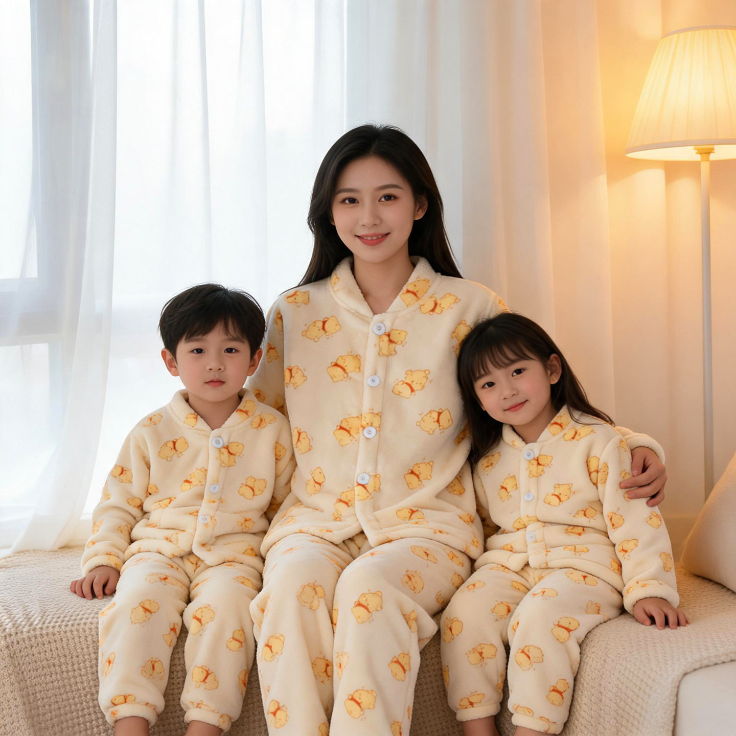 秋冬新款儿童法兰绒睡衣男童女童加绒加厚珊瑚绒家居服套装长袖款