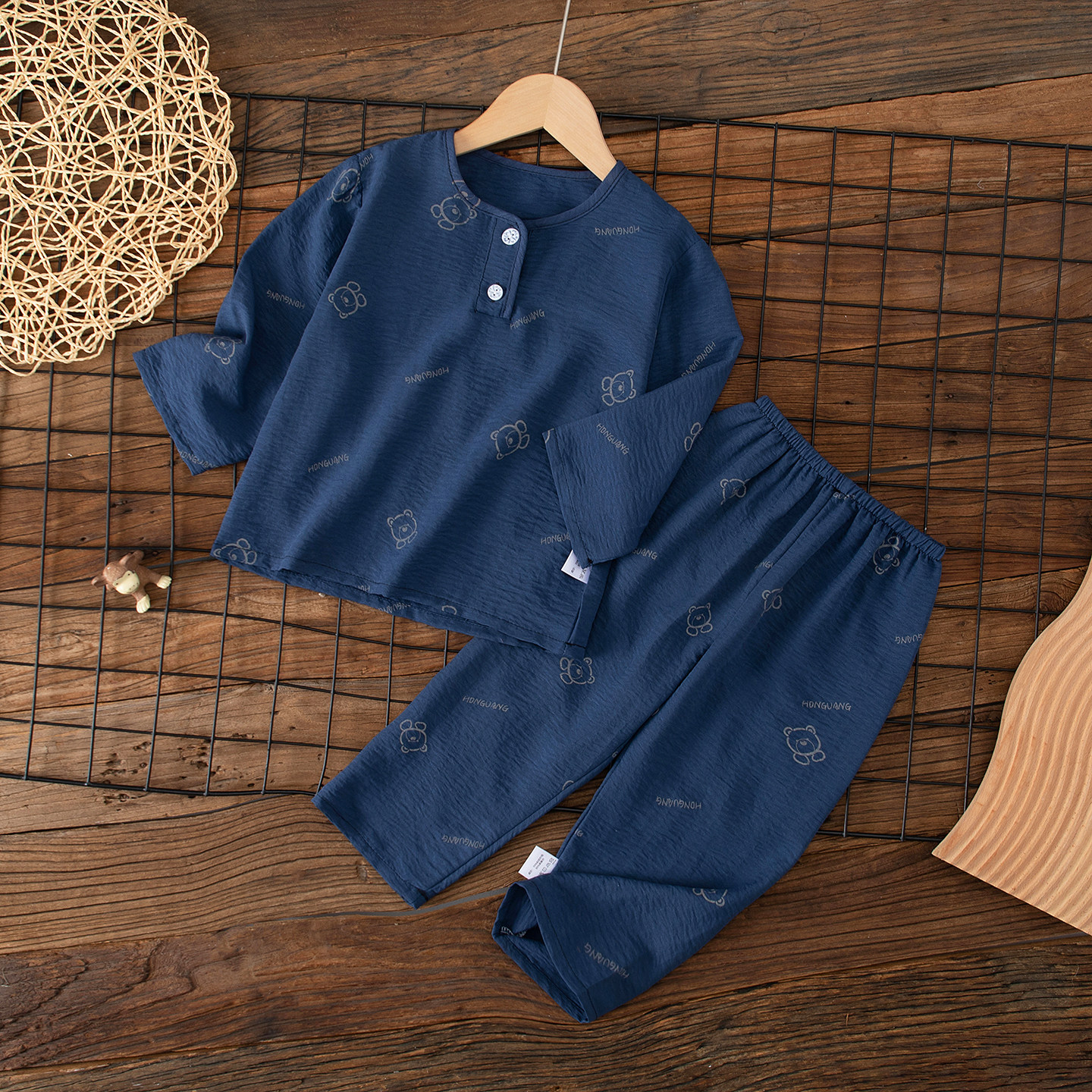 夏季儿童云朵棉冰丝绵绸睡衣男童女童男孩女孩宝宝家居服套装薄款