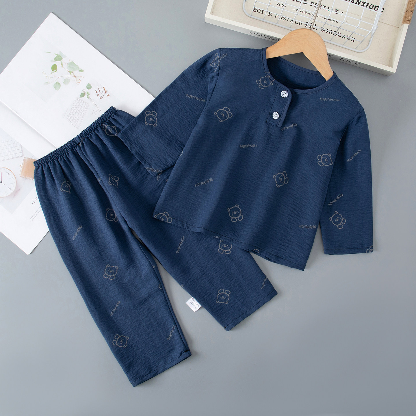 夏季儿童云朵棉绵绸冰丝睡衣男童女童男孩女孩宝宝家居服长袖薄款