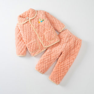 儿童冬季款睡衣三层夹棉加厚珊瑚绒套装女童法兰绒加绒红色家居服