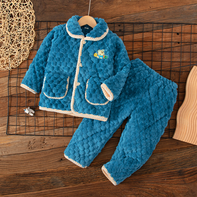 冬季儿童三层夹棉加厚珊瑚绒睡衣男童女童男孩宝宝家居服亲子套装