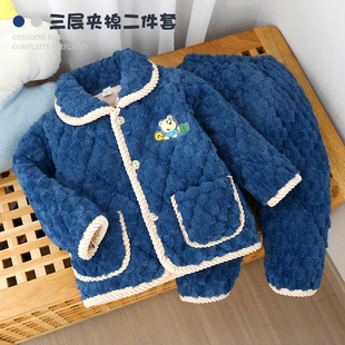 冬款儿童法兰绒睡衣套装男大童女童三层夹棉加绒加厚珊瑚绒家居服