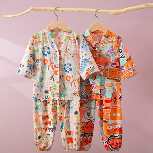 2026新款儿童夏季女童棉绸套装薄款空调服男大童女孩男孩子的睡衣