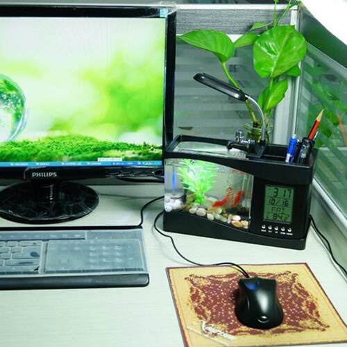 us鱼缸礼家物居用品水族AL-57087箱笔时间闹钟日历LED小台灯多功