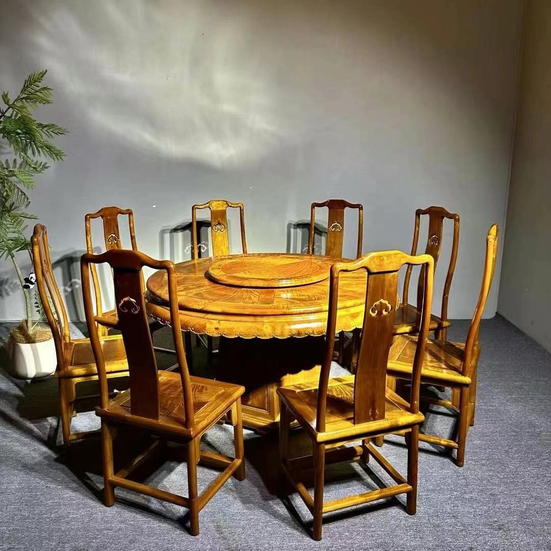 金丝楠木餐桌椅圆桌小叶桢楠新中式原木轻奢现代实木转盘简约家用