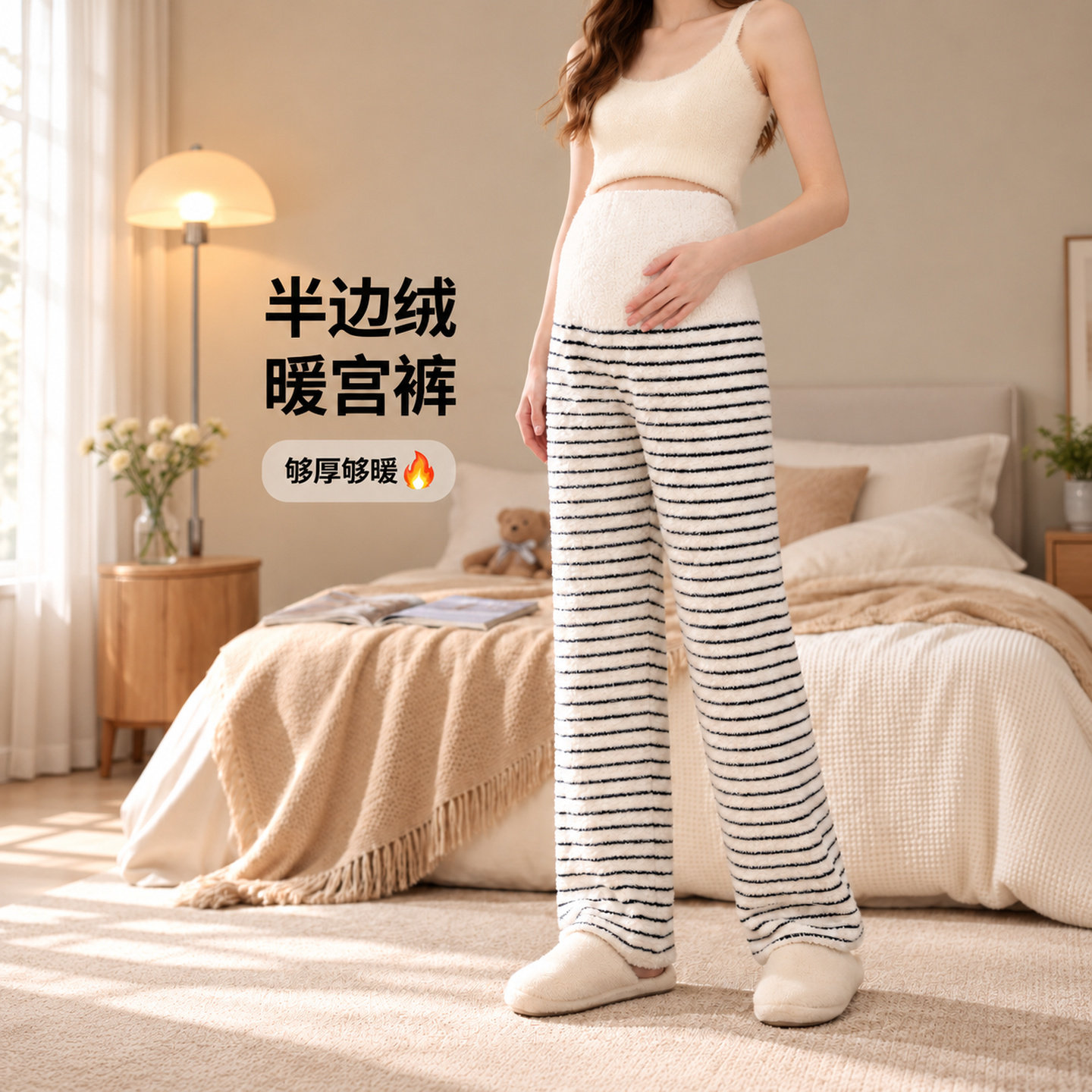 半边绒孕妇高腰护肚保暖阔腿睡裤