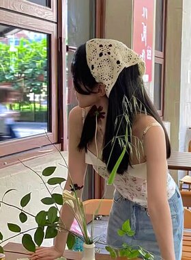 甜美镂空手工针织三角头巾