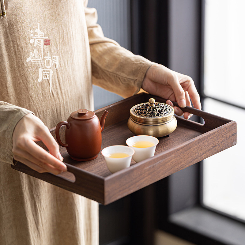 手提双耳胡桃木托盘茶具茶点收纳盘实木长方形点心盘家用茶几茶盘