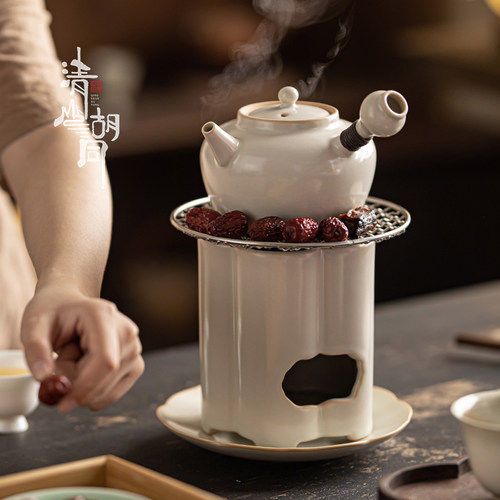 中式侧把泡茶壶白陶煮茶炉