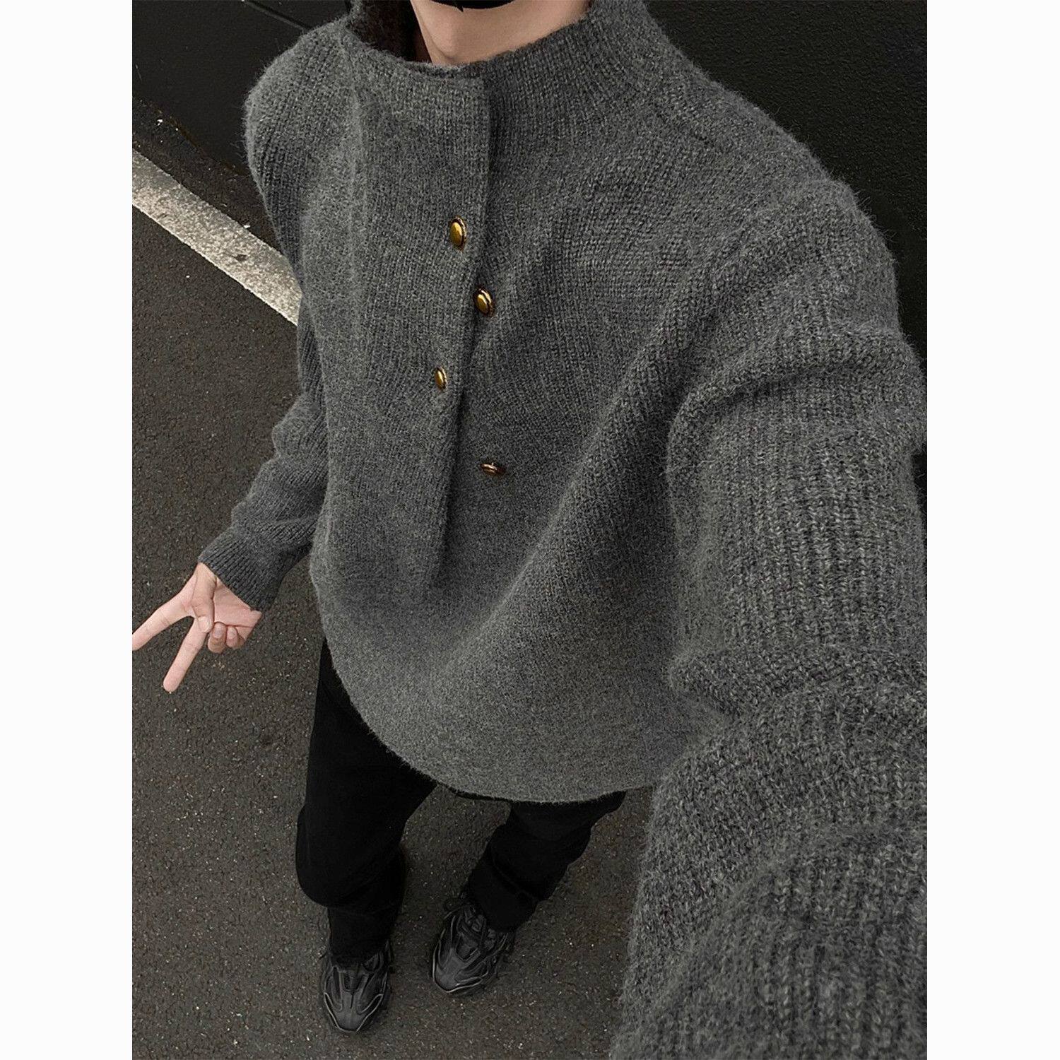 不规则纽扣设计感高领毛衣男韩系潮牌痞帅慵懒oversize针织衫上衣