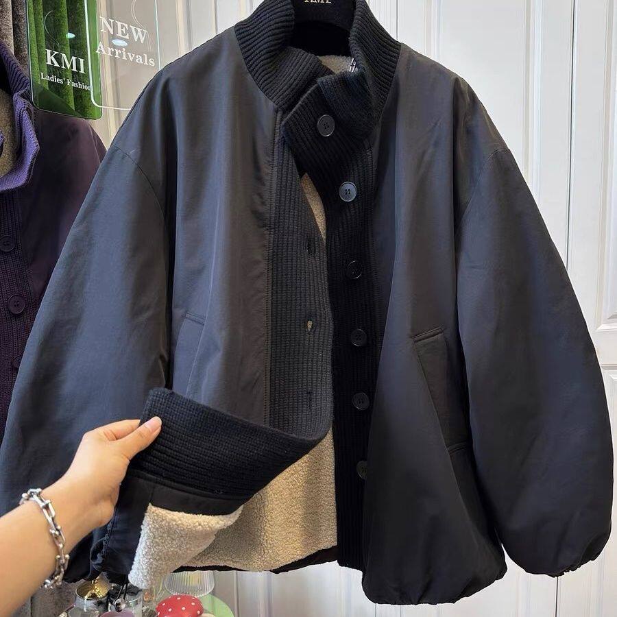 小众针织拼接羊羔毛内衬褶皱外套女上衣宽松保暖加厚2025秋冬新款