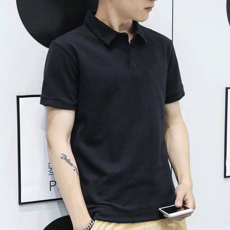 夏装短袖t恤男士全棉体桖半袖POLO衫纯黑色净版翻领上衣带领短衫