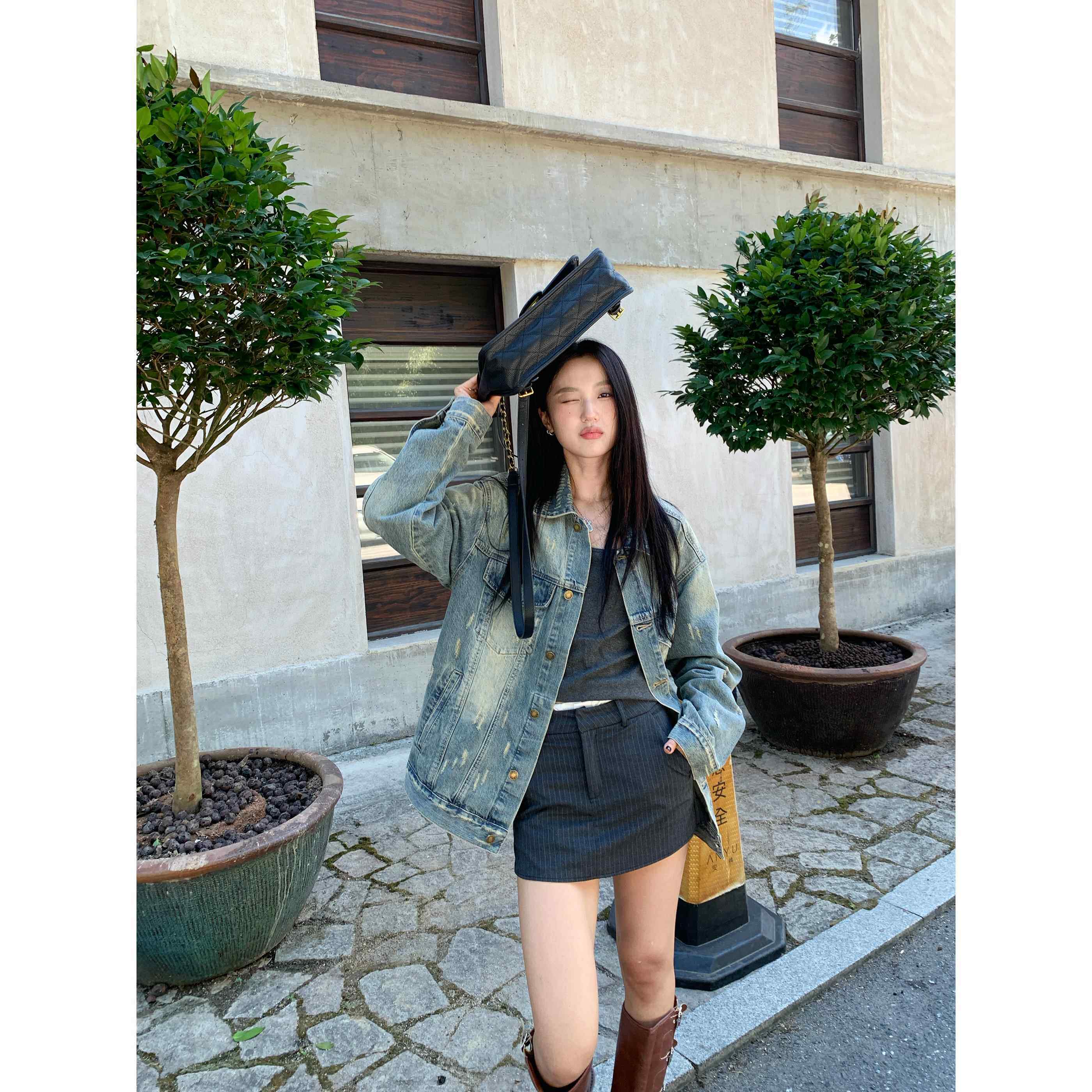 秋季新款休闲牛仔外套女短款夹克高级做旧宽松显瘦工装牛仔衣褂子