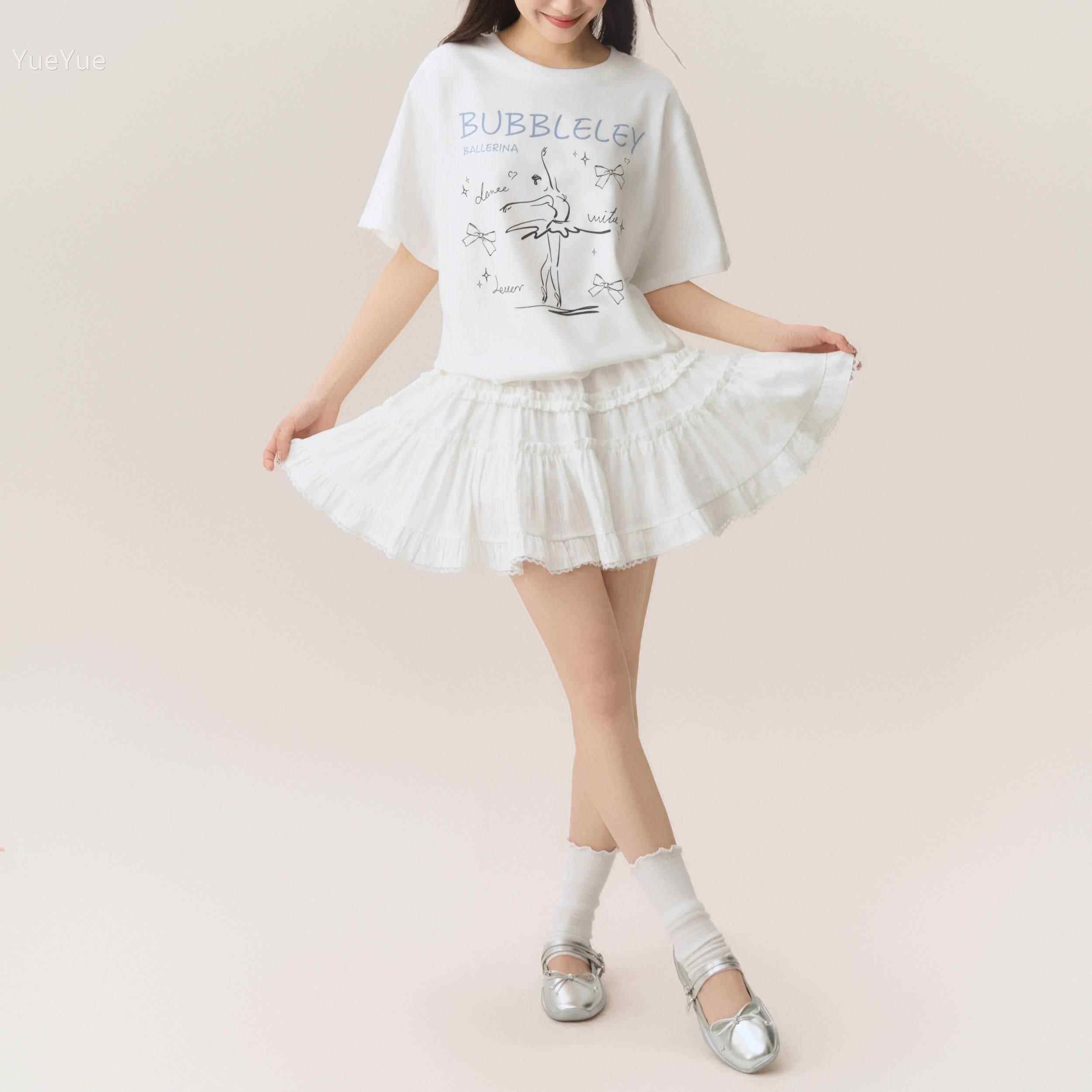 裙RMDBUBLELEY 春夏芭蕾大摆蕾丝蓬荷叶蓬边短裙B高腰法式蛋糕半