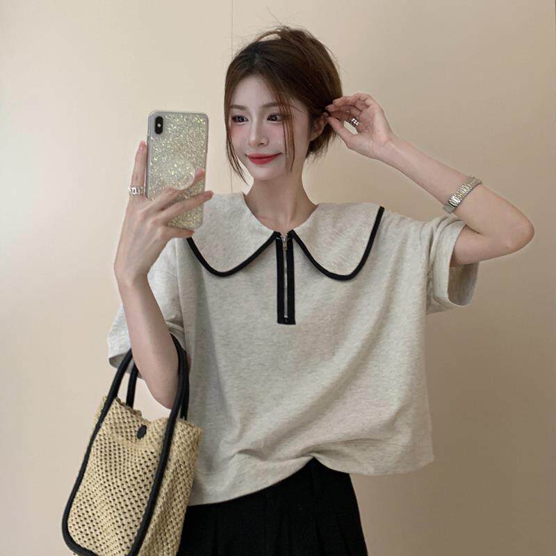 花灰色娃娃领T恤女夏2025新款短袖拉链短款纯棉高端宽松显瘦上衣