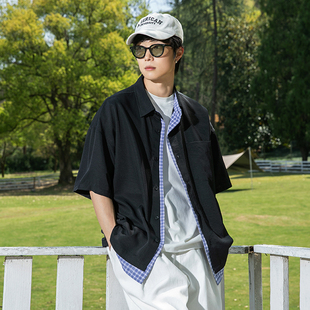 男款 菜园0541夏季 衬衫 新款 宽松休闲情侣落肩衬衣 凉感速干拼接短袖