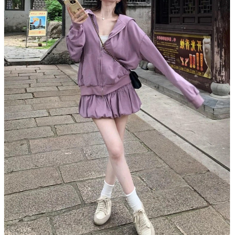 韩风chic减龄穿搭小个子超好看紫色卫衣外套短裙两件套装女2025
