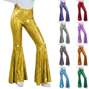 高腰纯色烫金弹力微喇裤Solid color high waist slightly flared