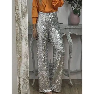 亮片纽扣弹力喇叭裤Sparkling elastic multi-color flared pants