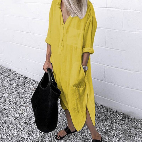 Solid Color Simple Single-Breasted Slit Dress纯色开衩连衣裙