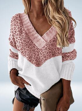 Leopard V-neck color-blocking long-sleeve knittig豹纹v领针织